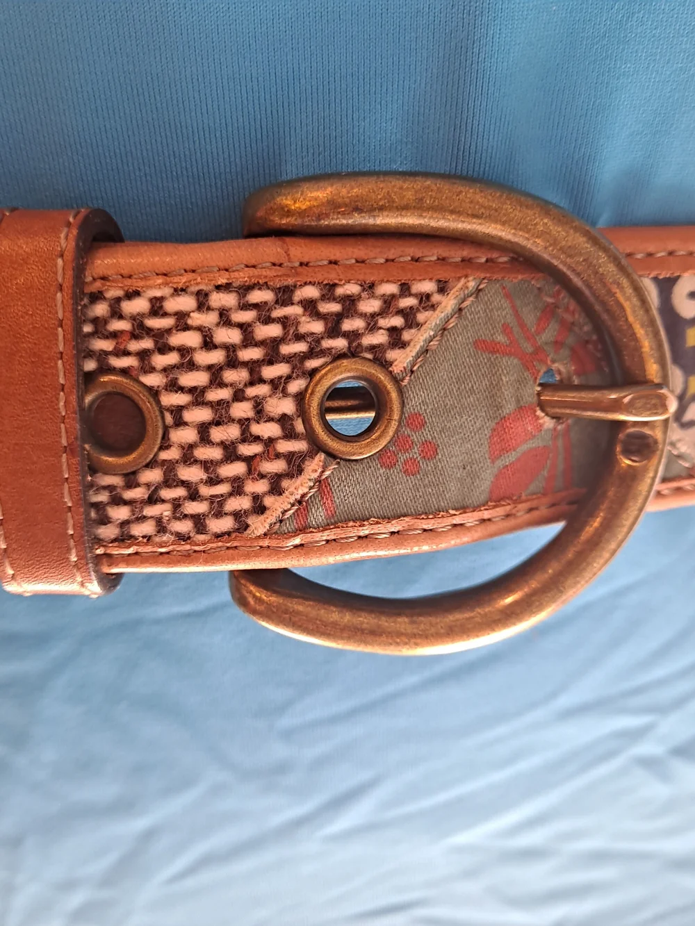 Fossil Y2k Vintage Multicolor Patchwork Leather Belt Antiqued Brass Buckle Boho